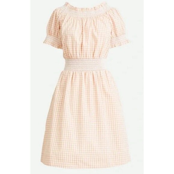 J. Crew Smocked Puff Sleeve Dress Women Medium Peach Gingham Milk Maid Peasant - Picture 8 of 13